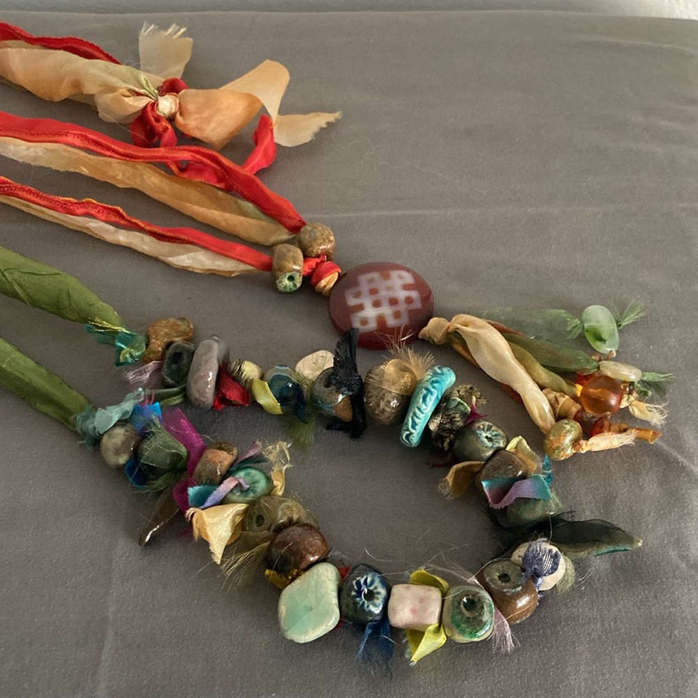 (2) Boutique mixed media necklaces ribbon ceramic beads